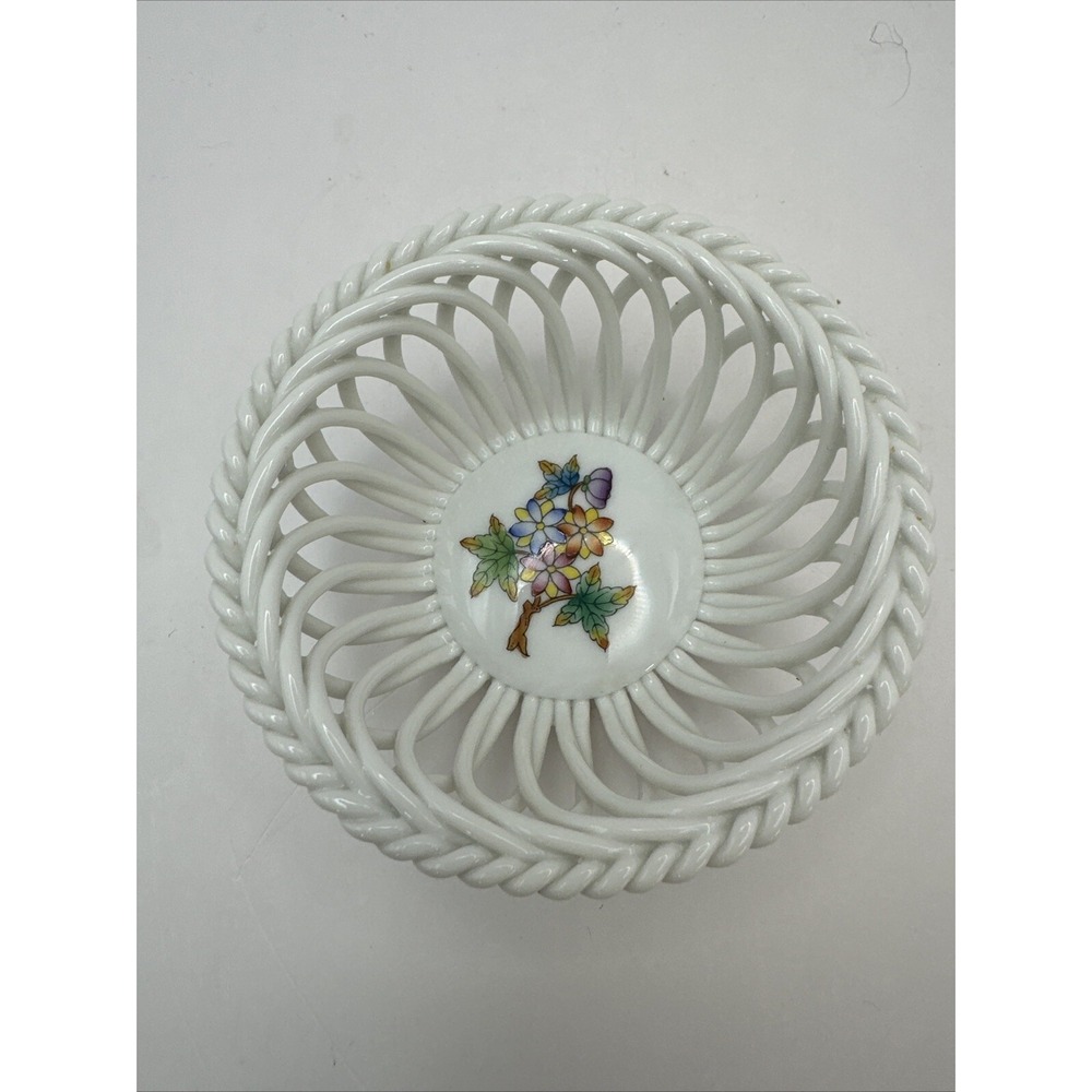 Herend Queen Victoria Open Weave Reticulated Floral Basket Bowl 3.5" Vintage